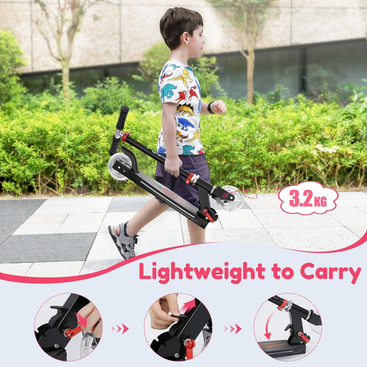 Scooter for Kids Ages 5-12 TONBUX Folding 2 Wheel Kids Scooter with Light Up Wheels & Stem & Deck, 3 Adjustable Height Handle, Lightweight Portable Kick Scooters for Girls Boys Toddler, up to 50kg