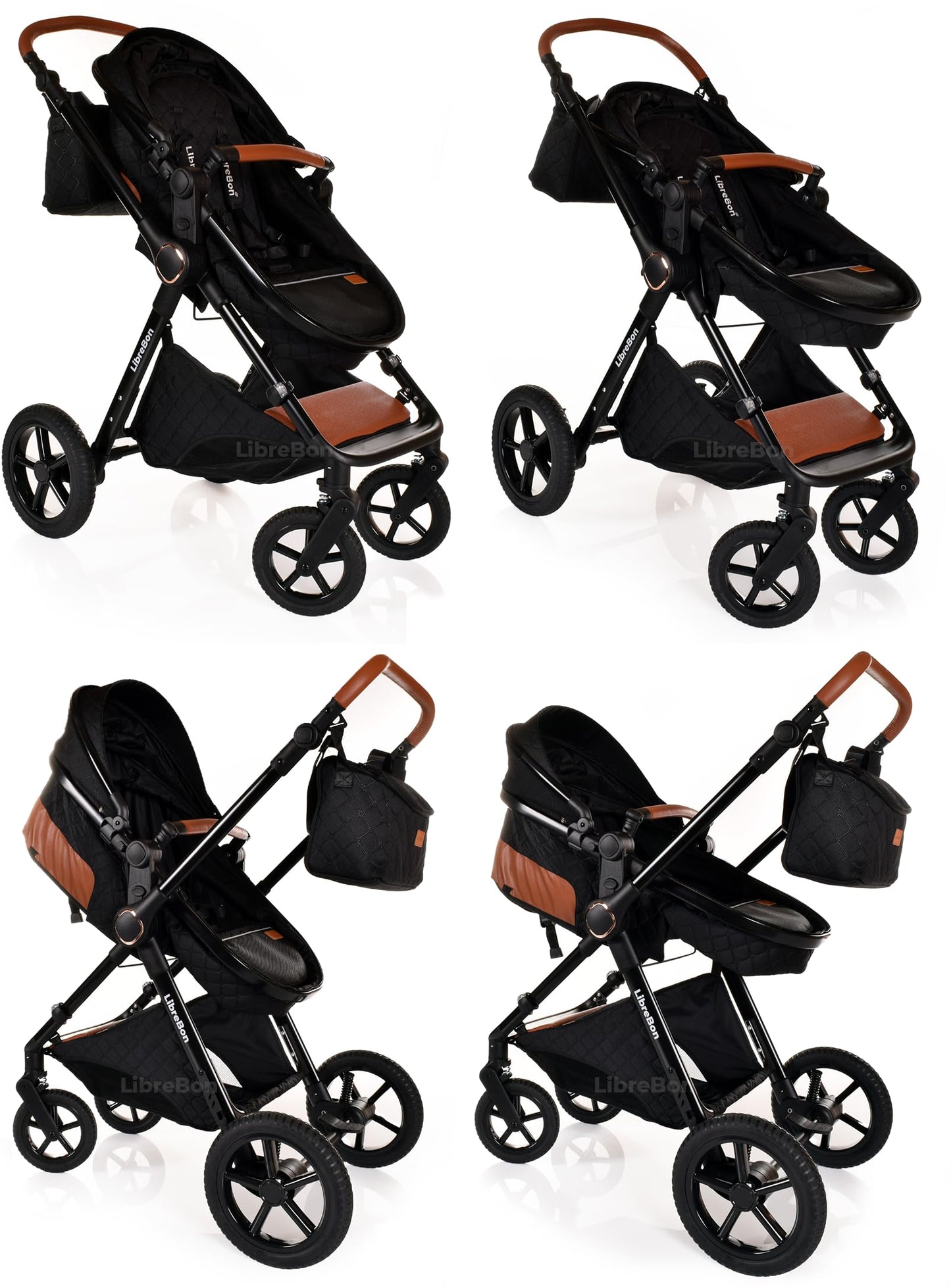 Boneelook 3-in-1 baby buggy pram stroller with black frame, lightweight aluminum design, suitable for newborns and toddlers.