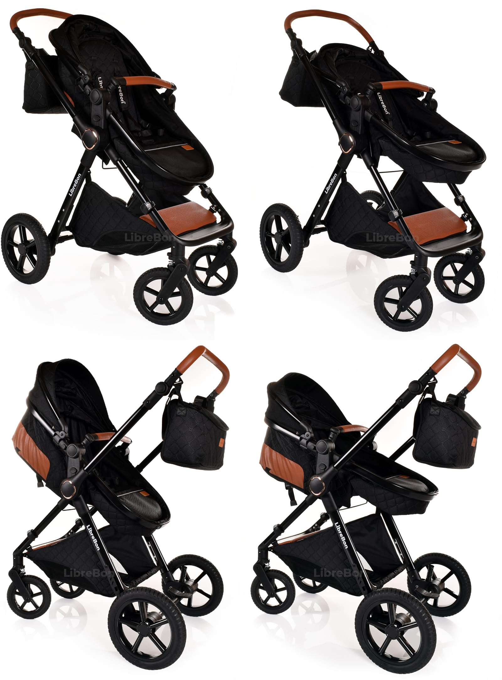 Boneelook 3-in-1 baby buggy pram stroller with black frame, lightweight aluminum design, suitable for newborns and toddlers.