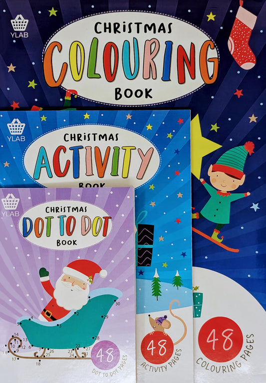 YLAB Christmas activity book set for kids includes festive coloring, dot-to-dot, and puzzle books on recycled paper, ideal for holiday fun.