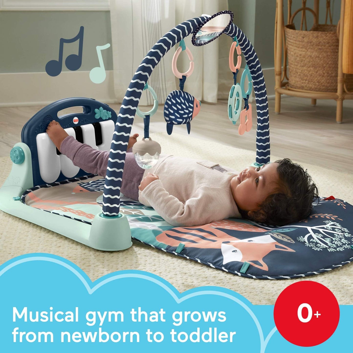 Fisher-Price baby playmat with kick and play piano gym, navy fawn color, featuring musical and sensory toys for infants and toddlers.