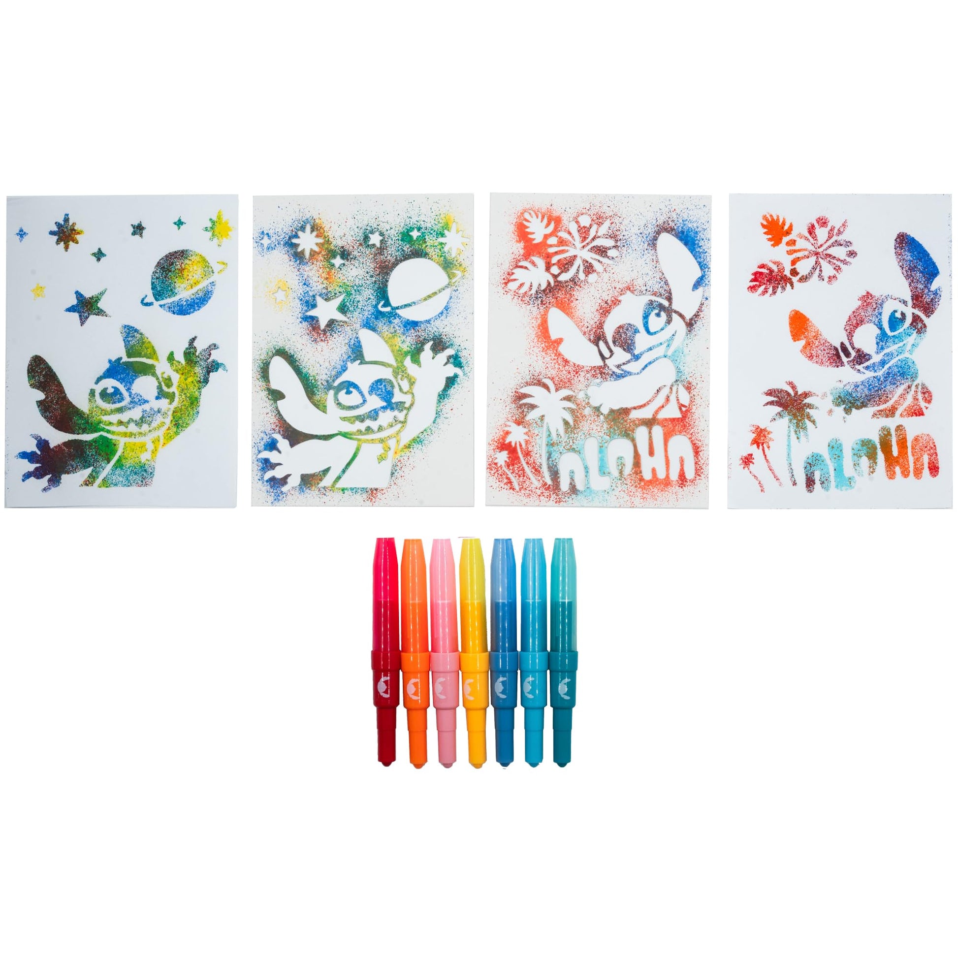 Disney Lilo and Stitch blow pens set for kids with 7 blow pens, 6 reusable stencils, and colorful drawing tools for creative arts and crafts.