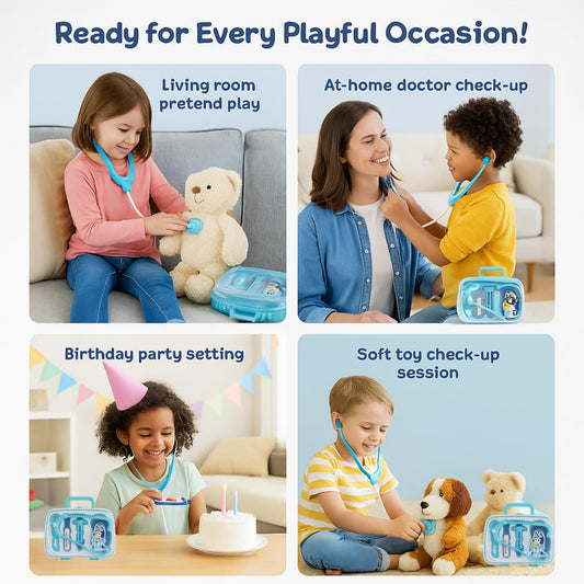 5 Pcs Bluey's Medical Case for Kids – Doctor Toy Set with Stethoscope, Thermometer, Syringe & More | Pretend Role Play Kit | Portable Light Blue Carry Case | Ages 3+
