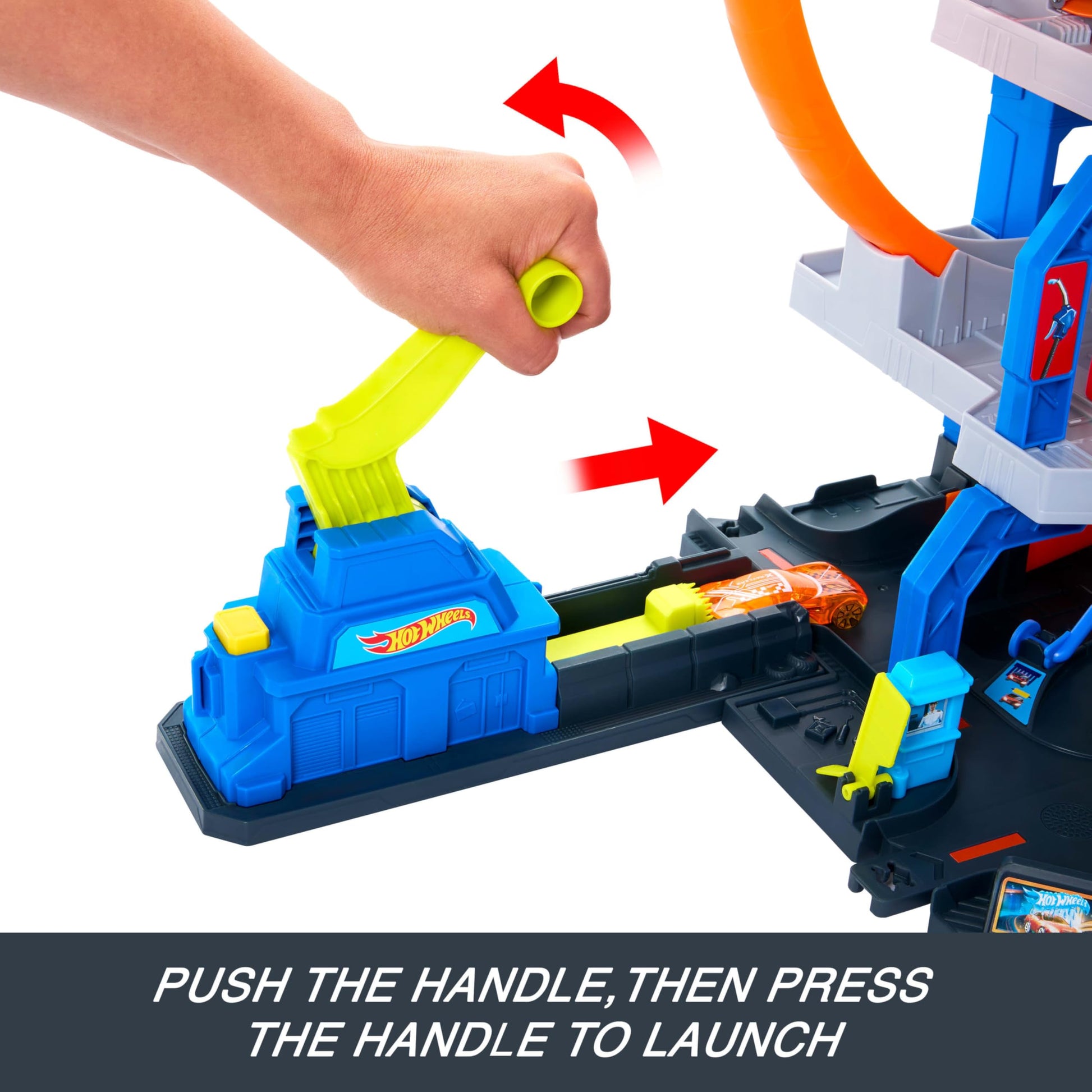 Hot Wheels toy car track set featuring loops, storage for 37 cars, and a die-cast car with helicopter.