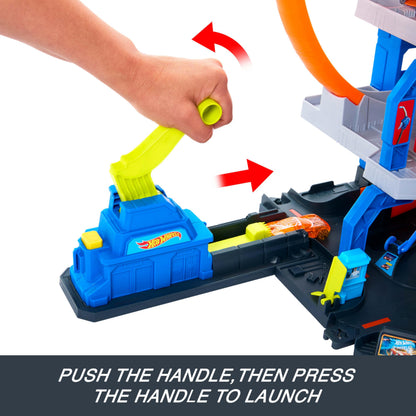 Hot Wheels toy car track set featuring loops, storage for 37 cars, and a die-cast car with helicopter.