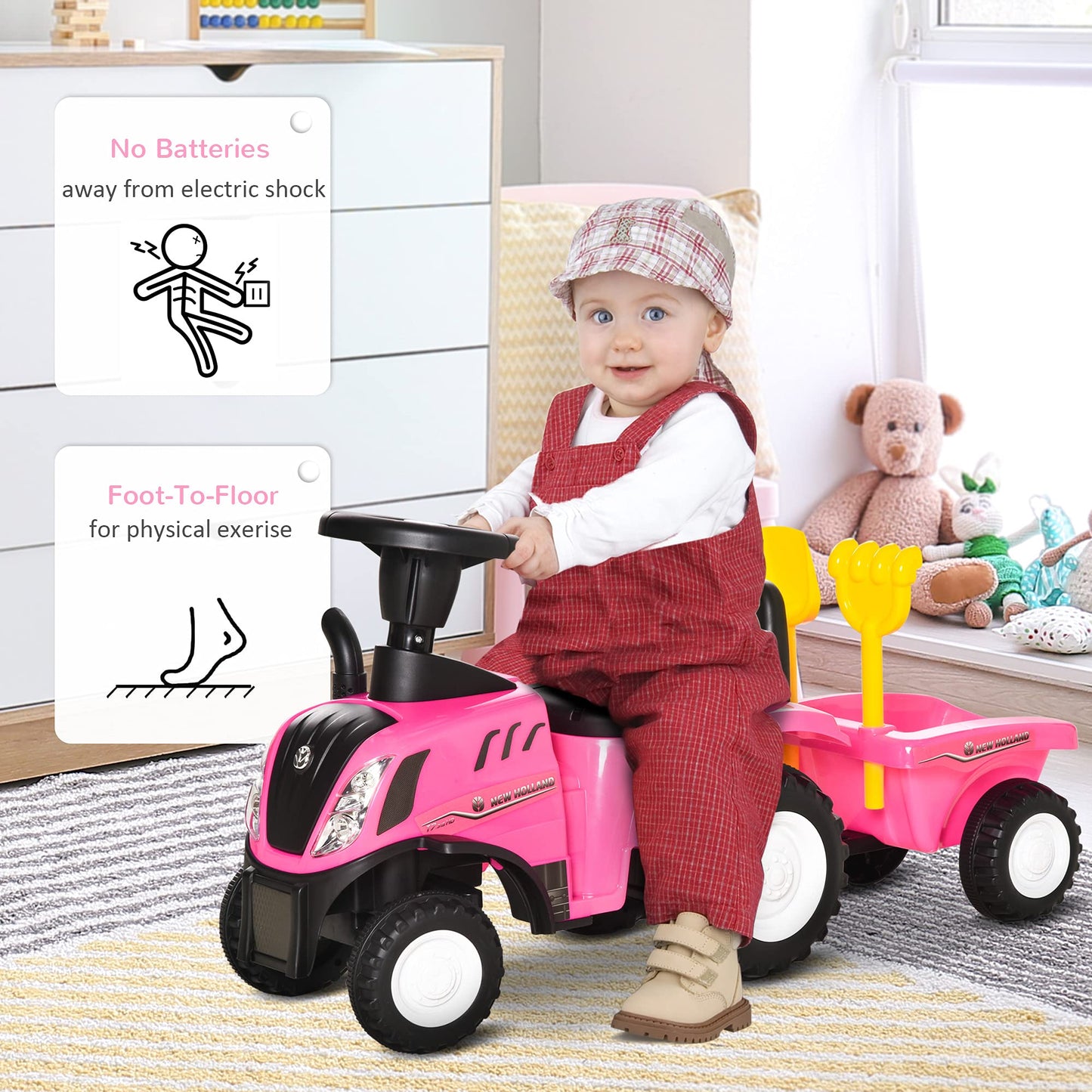 HOMCOM Ride On Tractor Toddler Walker Foot To Floor Slider w/Horn Storage Steering Wheel for 1-3 Years Old Pink