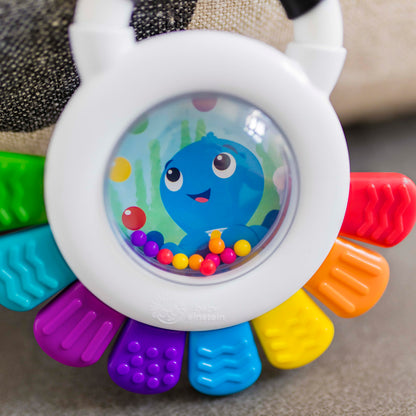 Baby Einstein Outstanding Opus The Octopus sensory rattle and teether toy with colorful design for infants 3 months and up.