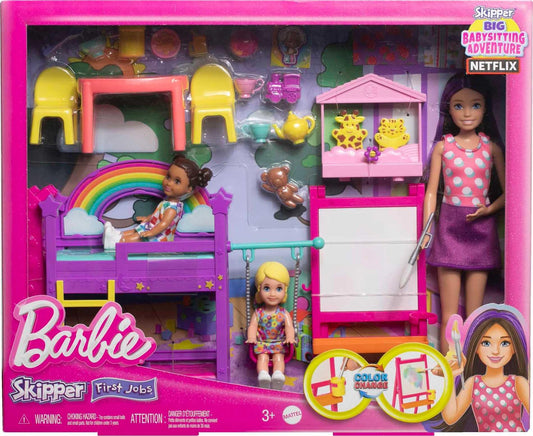 Barbie Skipper Babysitters Inc. Daycare Playset with 3 dolls, bunk beds, furniture, and color-change easel.