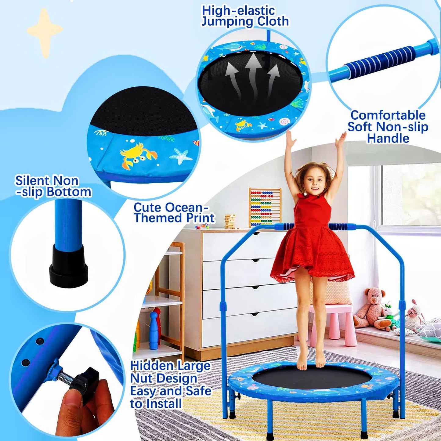 Forroby 36 Inch Kids Trampoline Height Adjustable with Handle,Steel Frame Foldable Toddler Sports Trampolines With Protective Cover,Mini Trampoline for Children Boys Girls Outdoor Indoor 3 Years+,Blue
