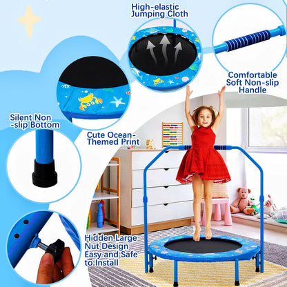 Forroby 36 Inch Kids Trampoline Height Adjustable with Handle,Steel Frame Foldable Toddler Sports Trampolines With Protective Cover,Mini Trampoline for Children Boys Girls Outdoor Indoor 3 Years+,Blue