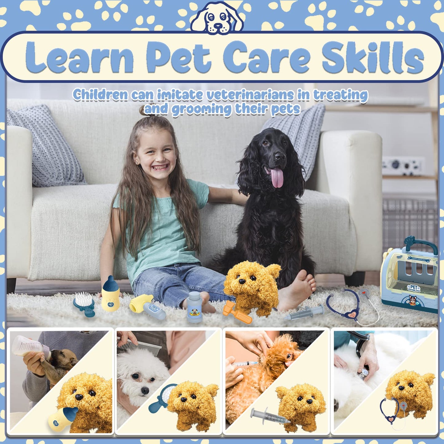 STAY GENT Toy Dogs for Kids Pet Care Vet Set for Kids Robot Dog Toys Pretend Role Play Doctor Kit Plush Electronic Walks Bark Dog Carrier Grooming Treating Toys Gifts for 2 3 4 5 6 Years Old Girls Boy