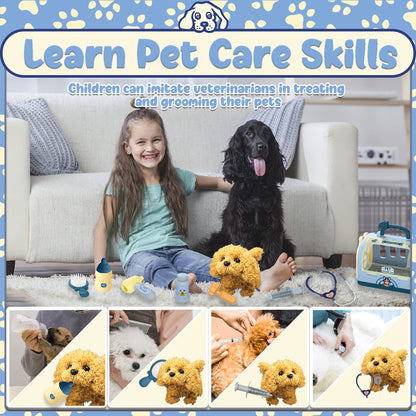 STAY GENT Toy Dogs for Kids Pet Care Vet Set for Kids Robot Dog Toys Pretend Role Play Doctor Kit Plush Electronic Walks Bark Dog Carrier Grooming Treating Toys Gifts for 2 3 4 5 6 Years Old Girls Boy