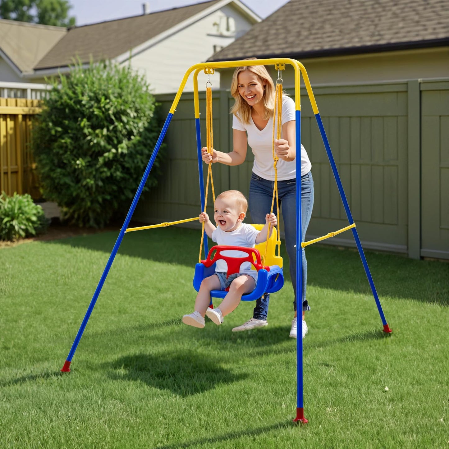 Warmiehomy 3 in1 Baby Swing Chair with Safety Harness Kids Swings for Garden Backyard Outdoor Indoor, Foldbale Toddler Swing Chair Play for Children Gift for 1 2 3 4-10 years old Boys Girls, Blue