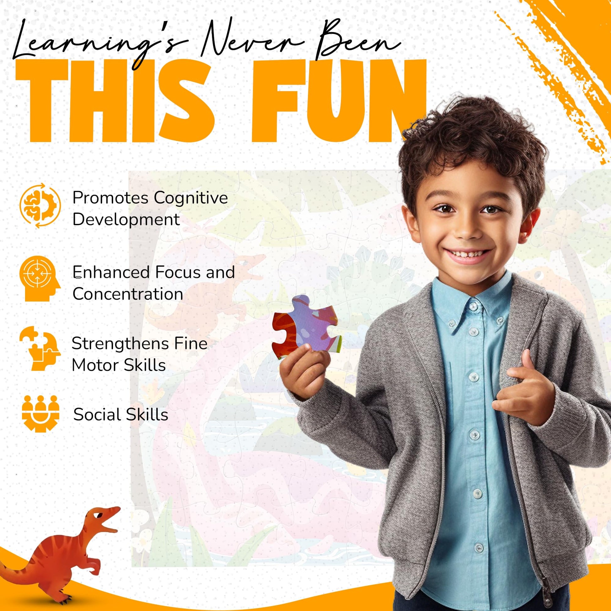 Colorful dinosaur puzzle for kids, 60-piece Montessori floor puzzle featuring various dinosaurs, ideal for ages 3-8.