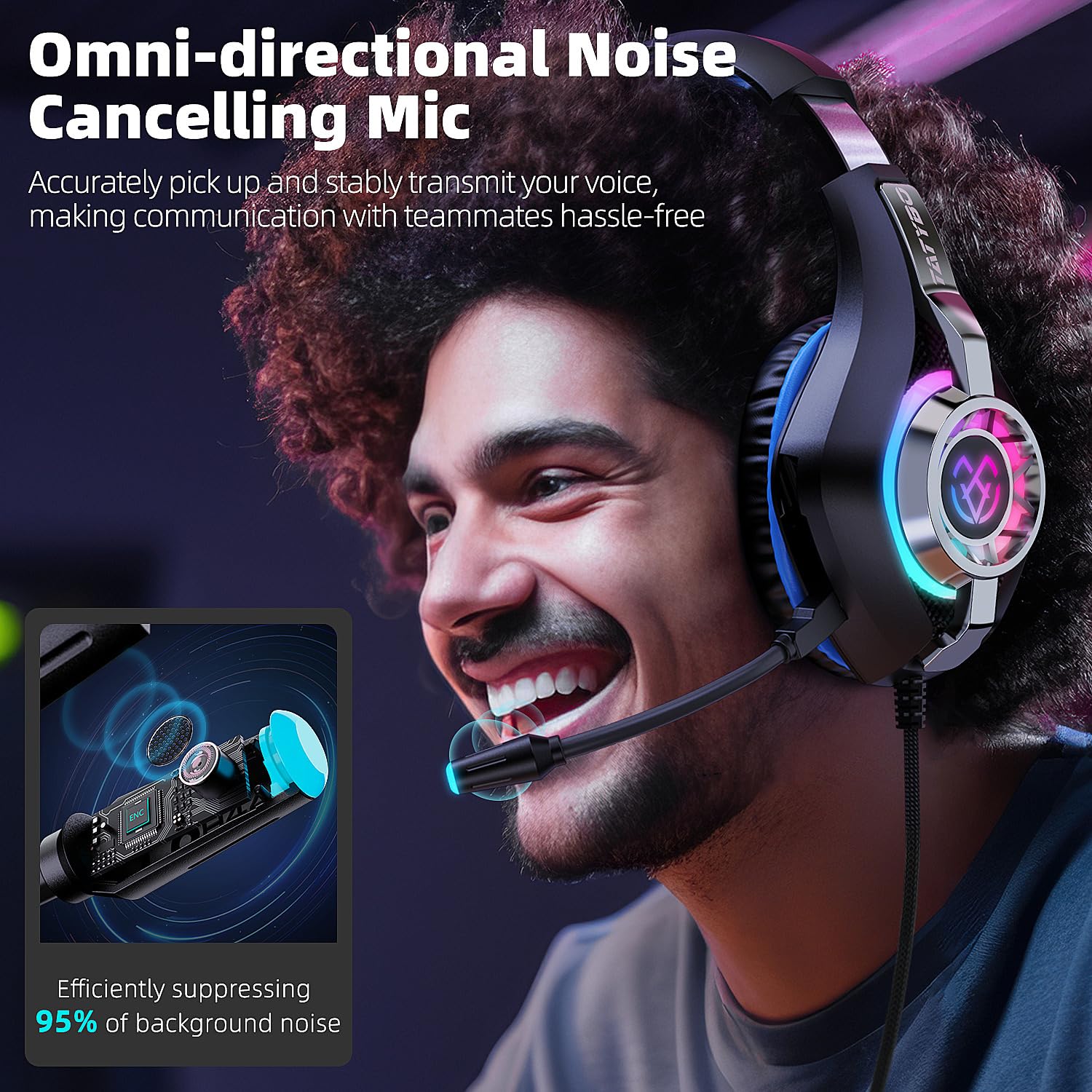 Tatybo gaming headset for PS5, PS4, PC, Xbox, and Switch with RGB lighting and noise-canceling microphone.