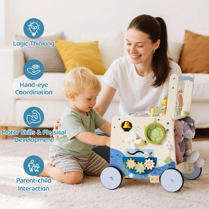 Robud wooden baby walker with underwater theme, adjustable height and speed, toddler push toy with magnetic fishing rod, activity center