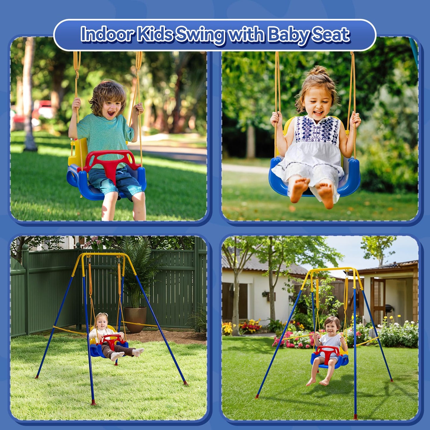 Warmiehomy 3 in1 Baby Swing Chair with Safety Harness Kids Swings for Garden Backyard Outdoor Indoor, Foldbale Toddler Swing Chair Play for Children Gift for 1 2 3 4-10 years old Boys Girls, Blue