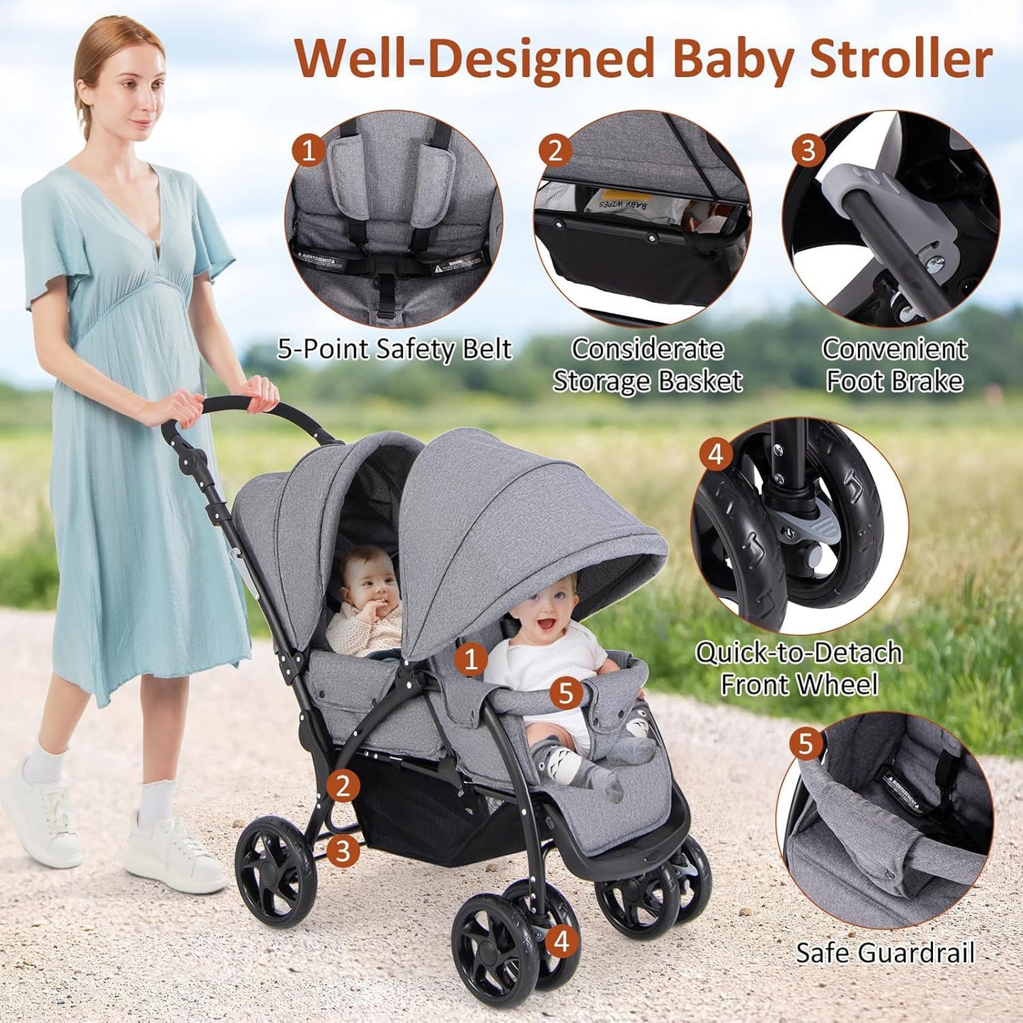 Foldable Twin Stroller, Double Baby Pushchair w/Multi-Level Backrest, Canopy, Handle & Footrest, Safety Belt & Brake System, Travel Tandem Seating Stroller w/Lockable Wheels (Gray)