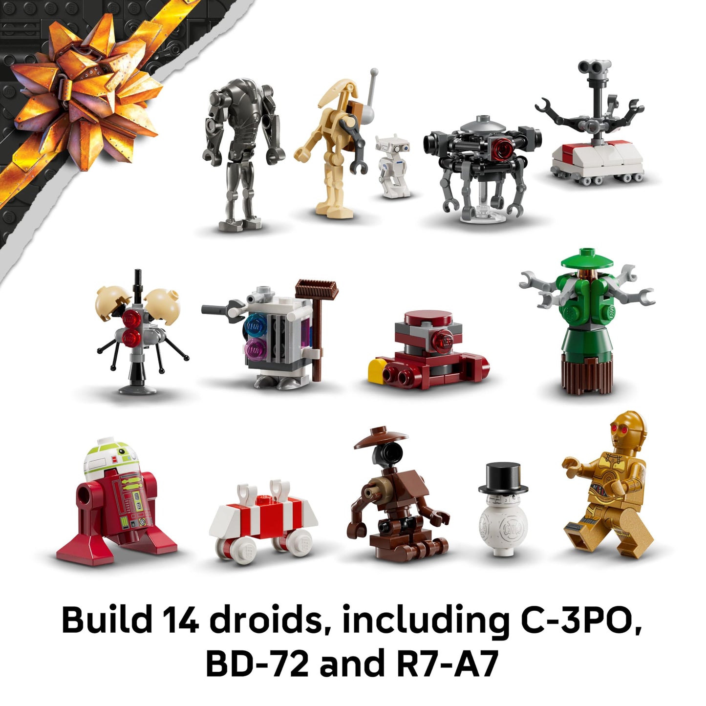 LEGO Star Wars Advent Calendar 2025 featuring 24 surprises, including 2 minifigures and 5 droid figures for kids.
