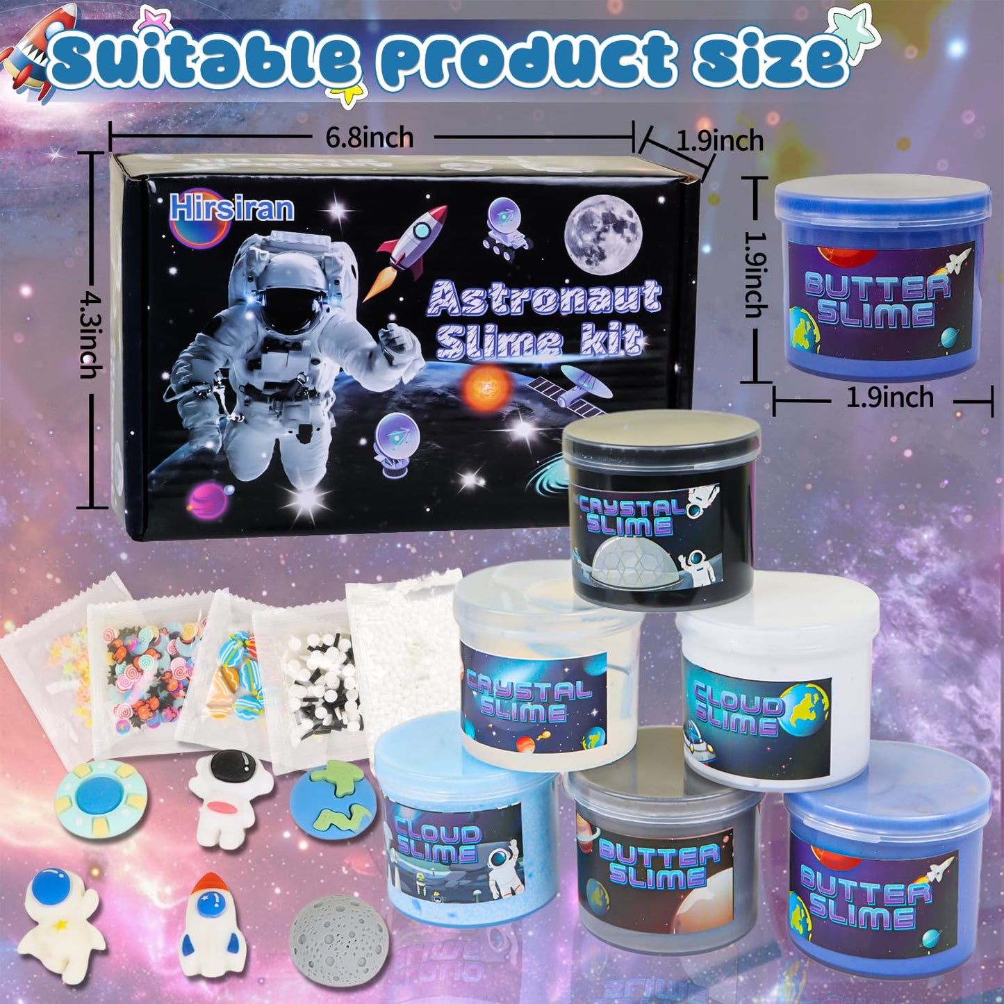 Hirsrian 6-pack slime making kit with fun accessories, fluffy butter cloud slimes, clear crunchy slime, starry sky design for kids.