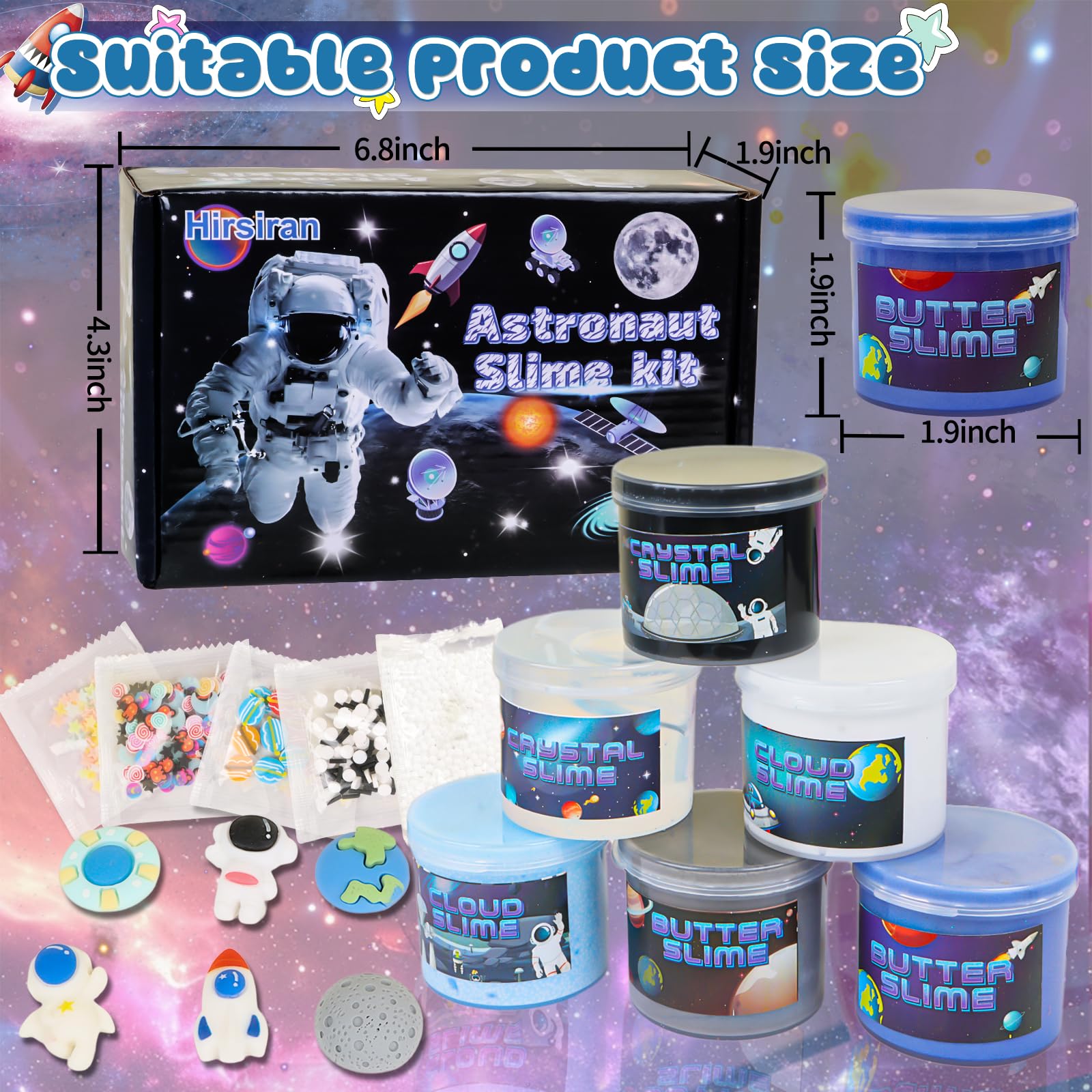 Hirsrian 6-pack slime making kit with fun accessories, fluffy butter cloud slimes, clear crunchy slime, starry sky design for kids.