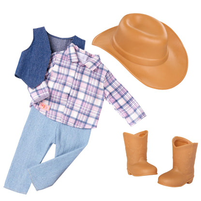 18-inch Our Generation Carolyn Cowgirl Doll with cowboy hat, tall riding boots, and lifelike brown eyes in Western outfit.