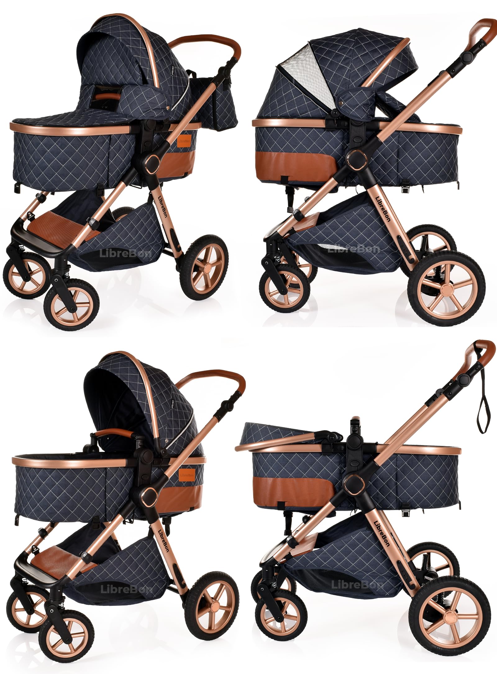Boneelook 3-in-1 baby buggy pram and stroller with lightweight aluminum frame, blue denim fabric, and rose gold accents for newborns.