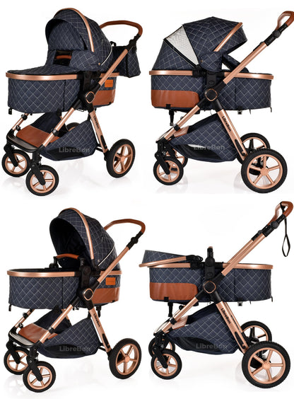 Boneelook 3-in-1 baby buggy pram and stroller with lightweight aluminum frame, blue denim fabric, and rose gold accents for newborns.