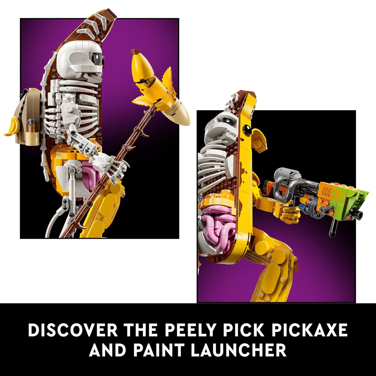 LEGO Fortnite Peely Bone collectible figure with paint launcher and Peely Pick pickaxe, ideal for gaming fans and decor.