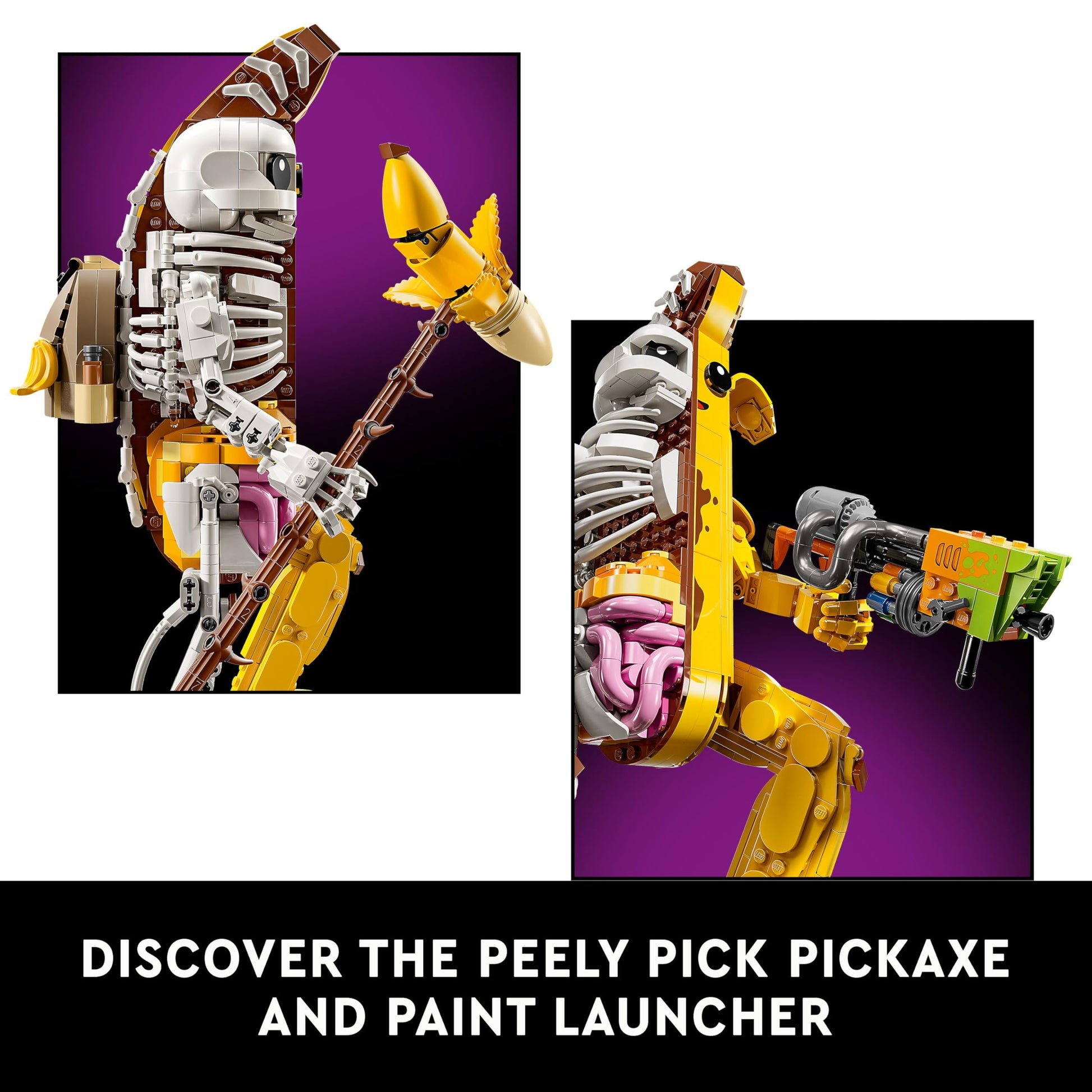 LEGO Fortnite Peely Bone collectible figure with paint launcher and Peely Pick pickaxe, ideal for gaming fans and decor.