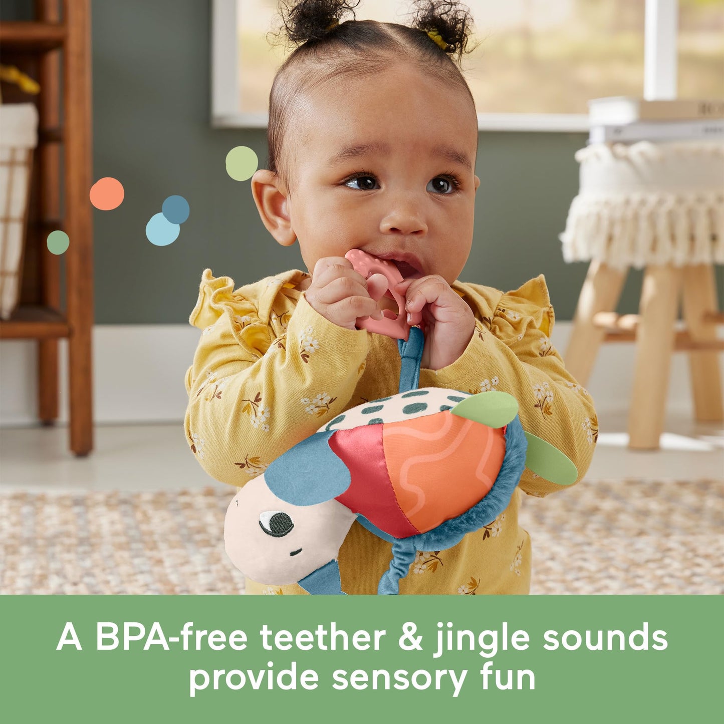 Fisher-Price Baby Stroller Toy Planet Friends Sea Me Bounce Turtle with teether, bouncing motion, and sounds for newborns.