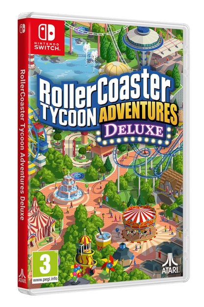 Atari RollerCoaster Tycoon Adventures Deluxe video game for Nintendo Switch with colorful box art and game case.