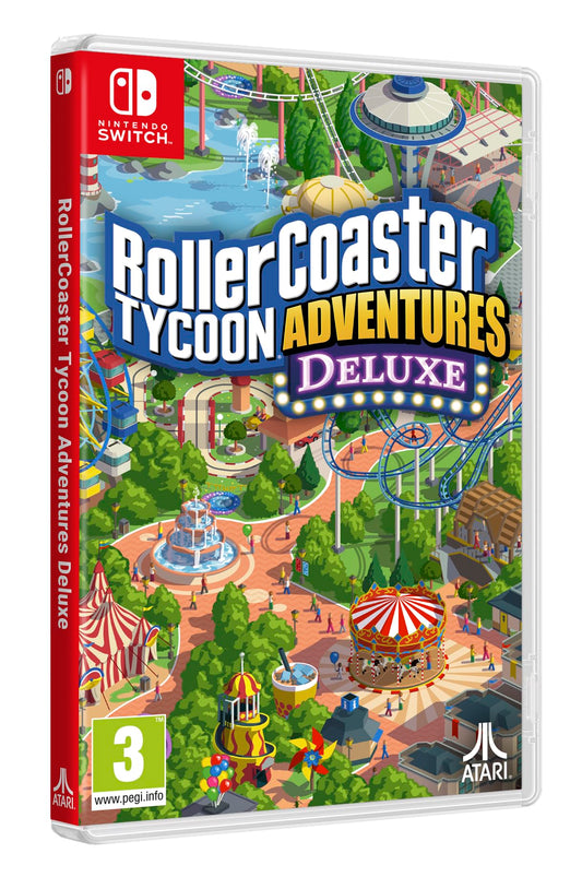 Atari RollerCoaster Tycoon Adventures Deluxe video game for Nintendo Switch with colorful box art and game case.