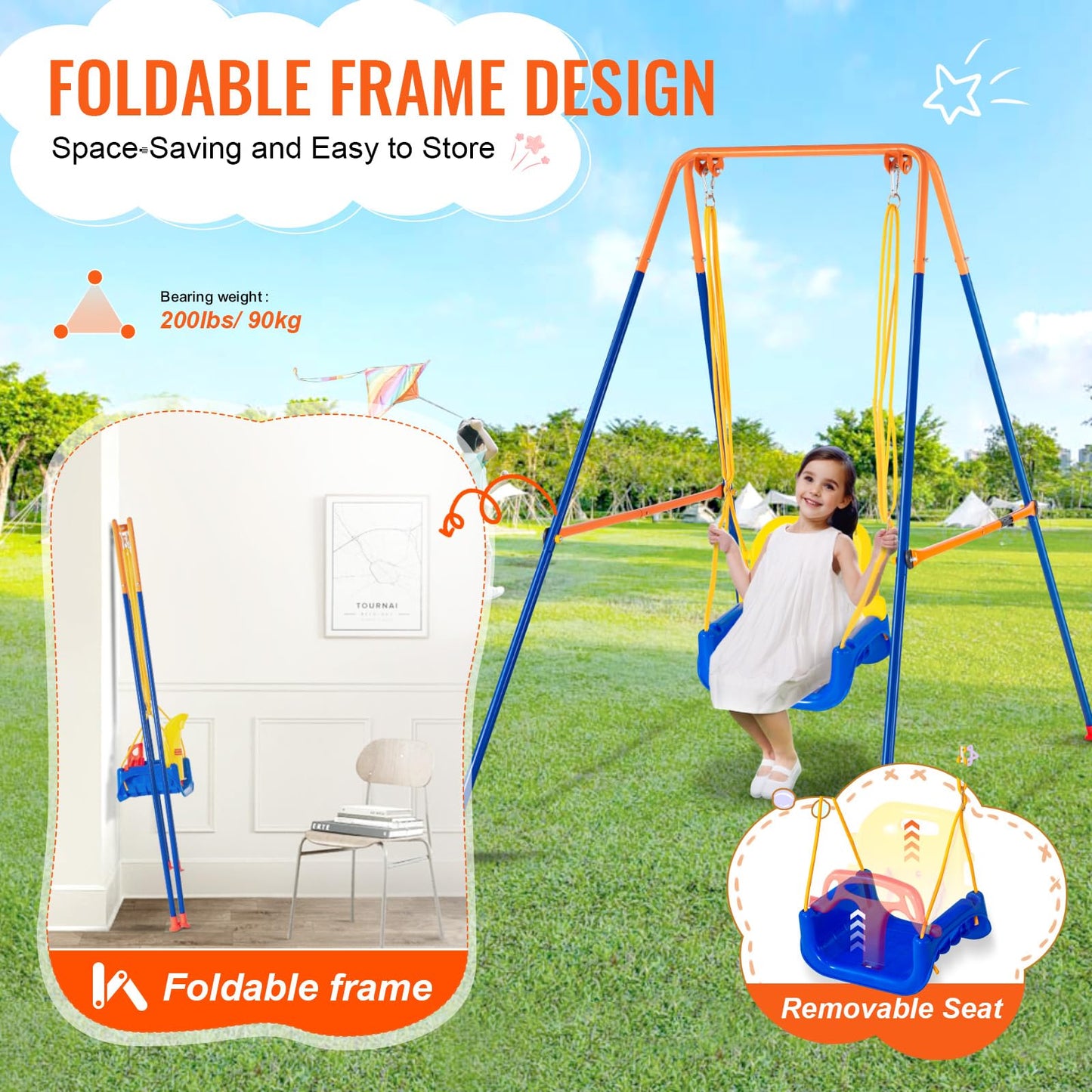 VEVOR Swing Sets for Backyard, 3-in-1 Toddler Swing Set with 4 Sandbags, Foldable Metal Stand, Easy to Assemble, Swingset Indoor/Outdoor for Kids Aged 3+
