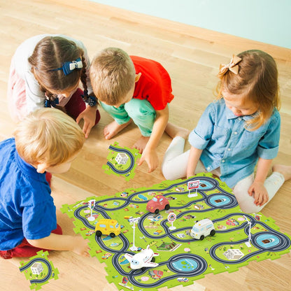 Bearbao Toddler Toys Gifts for 3 4 5 Year Old Boys, Total 16 Pieces Jigsaw Puzzle Racer Track Car Set with 2 Cars for Kids Boys 3-5, Puzzle Tracks Car Toys Gifts for 3 4 5 Years Old Boy Kids