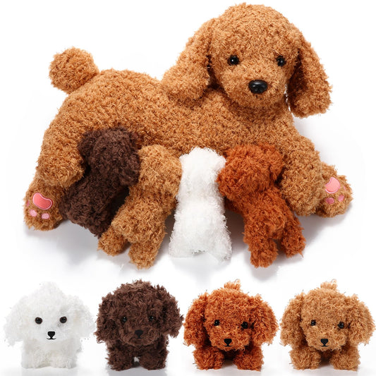 Honoson Nurturing Dog Mommy Plush Set With 4 Baby Puppies - Soft Cute Themed Stuffed Toys for Kids, Girls, Boys - Easter Birthday Gifts (Curly Dog)