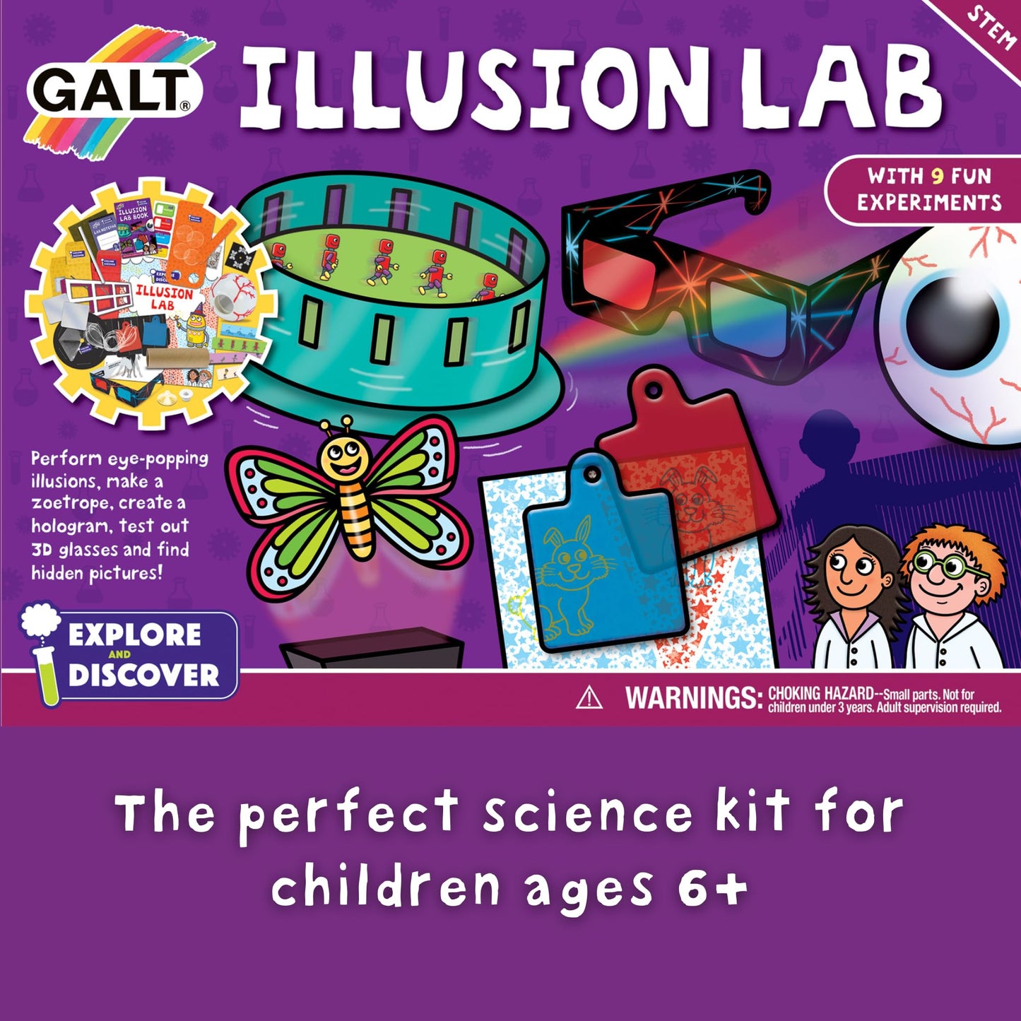 Galt Illusion Lab science kit with colorful experiments and eye-popping illusions for kids age 6 plus, STEM toys for boys and girls.