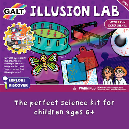 Galt Illusion Lab science kit with colorful experiments and eye-popping illusions for kids age 6 plus, STEM toys for boys and girls.