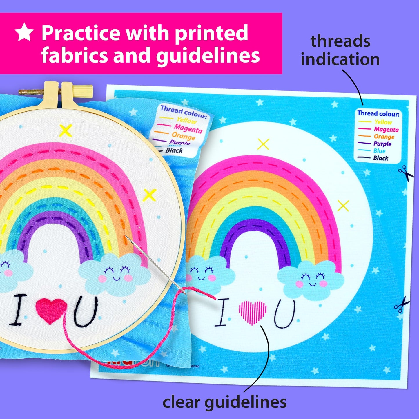KRAFUN Beginner Embroidery Kit for Kids & Teens Ages 7-12, Simple Patterns with Hoop, Cloth, Threads, Instructions, Educational Craft Gift for Learning Stitches