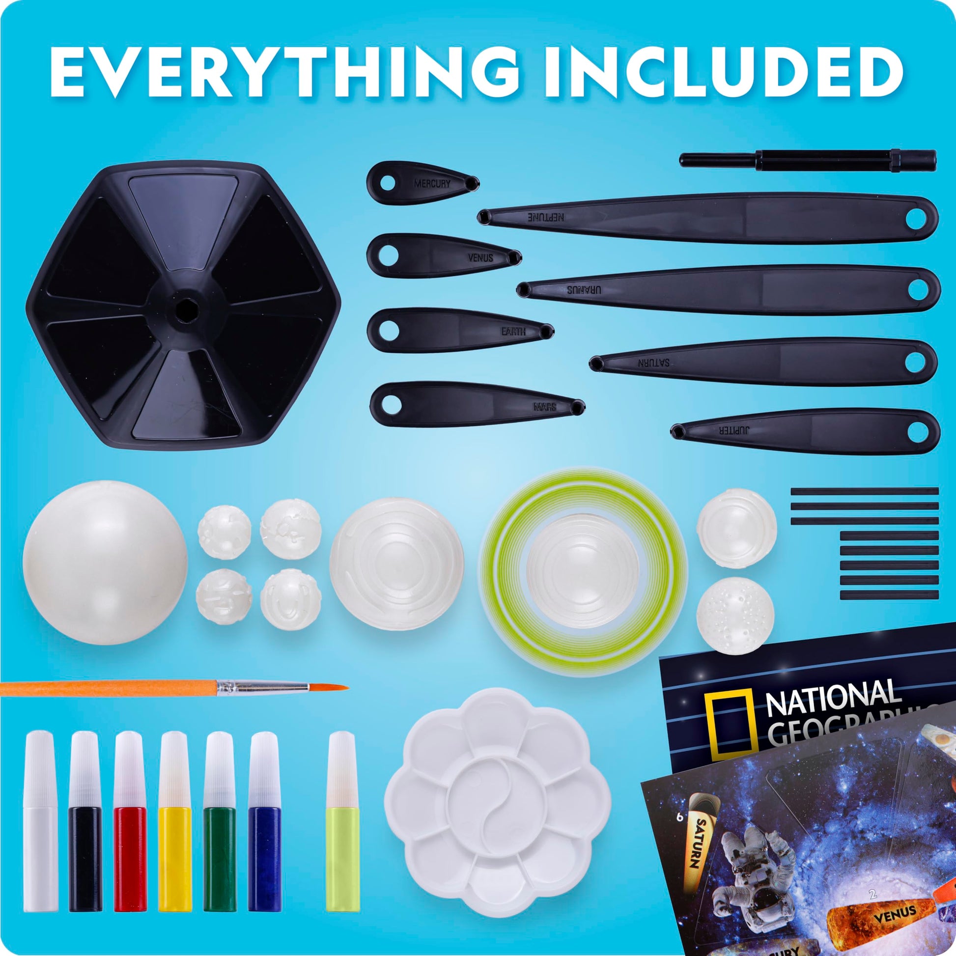 Blue Marble National Geographic glow-in-the-dark solar system model kit for kids, featuring painted planets with movable arms.
