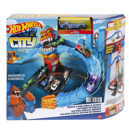 Hot Wheels City Wreck & Ride Gorilla Attack set with gas station, includes 1 car, ideal for kids 4 to 8 years old.
