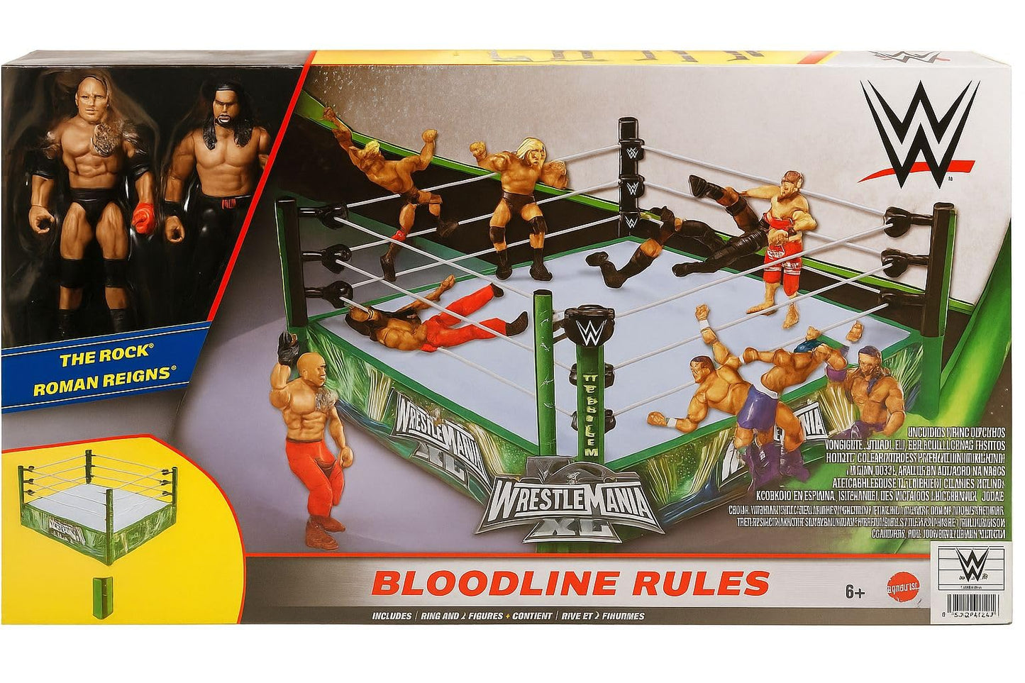 WWE WrestleMinia Bloodline Rules Playset with Wrestling Ring, Roman Reigns & The Rock 15cm Action Figures | WWE Toy Ring for Kids & Collectors