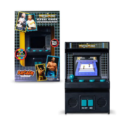 Basic Fun Arcade Classics Mini WWE handheld game with joystick, full-color screen, authentic sound effects, in black.