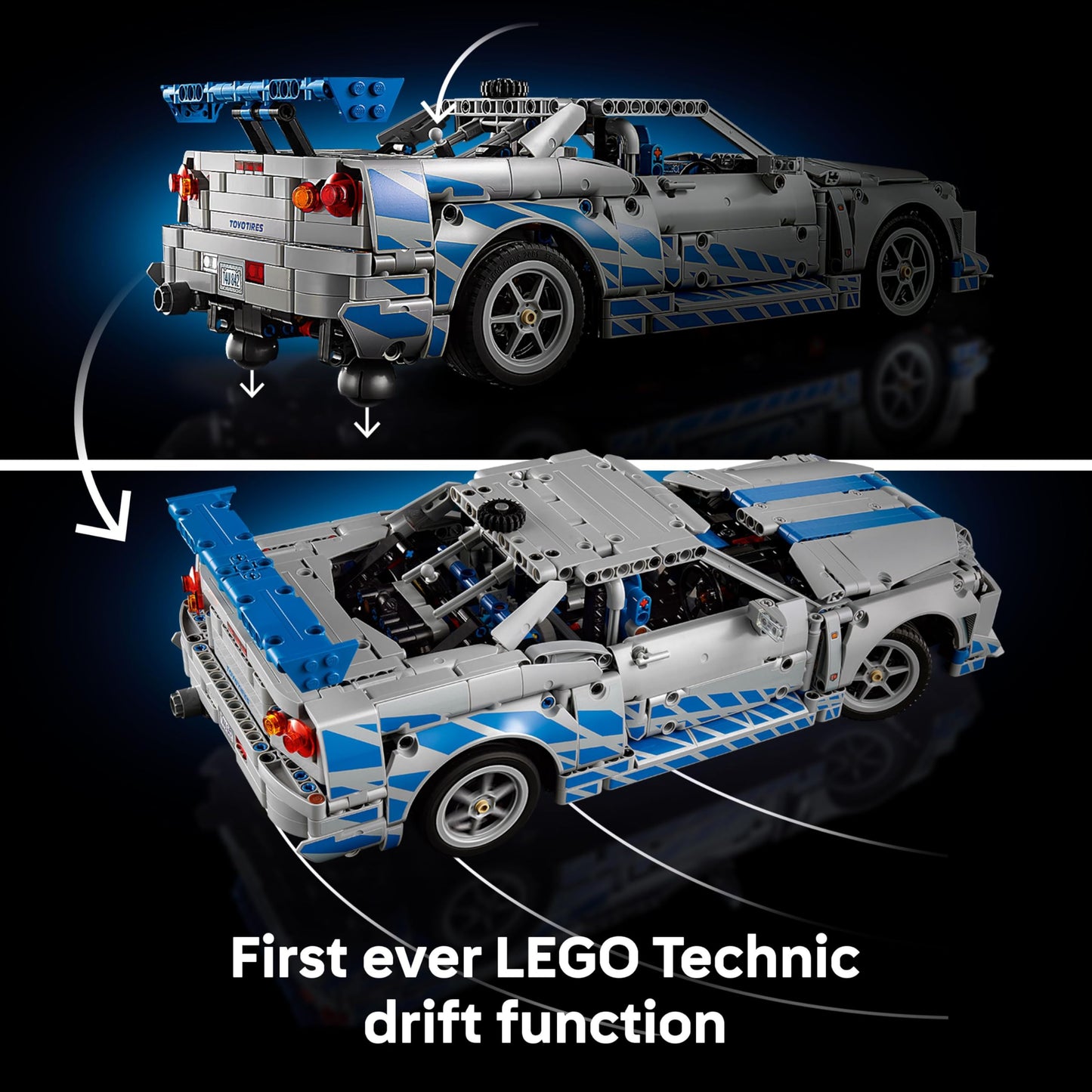 LEGO Technic Nissan Skyline GT-R (R34) car model kit featuring drift function and detailed 6-cylinder engine.