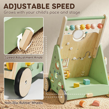 Lehoo Castle wooden baby walker with colorful activity center for toddlers aged 12 months and up, includes push along features.