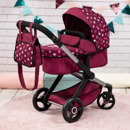 Bayer Baby Dolls Pram XEO in burgundy and pink stars, convertible doll pushchair with carrycot, changing bag, and adjustable handle.