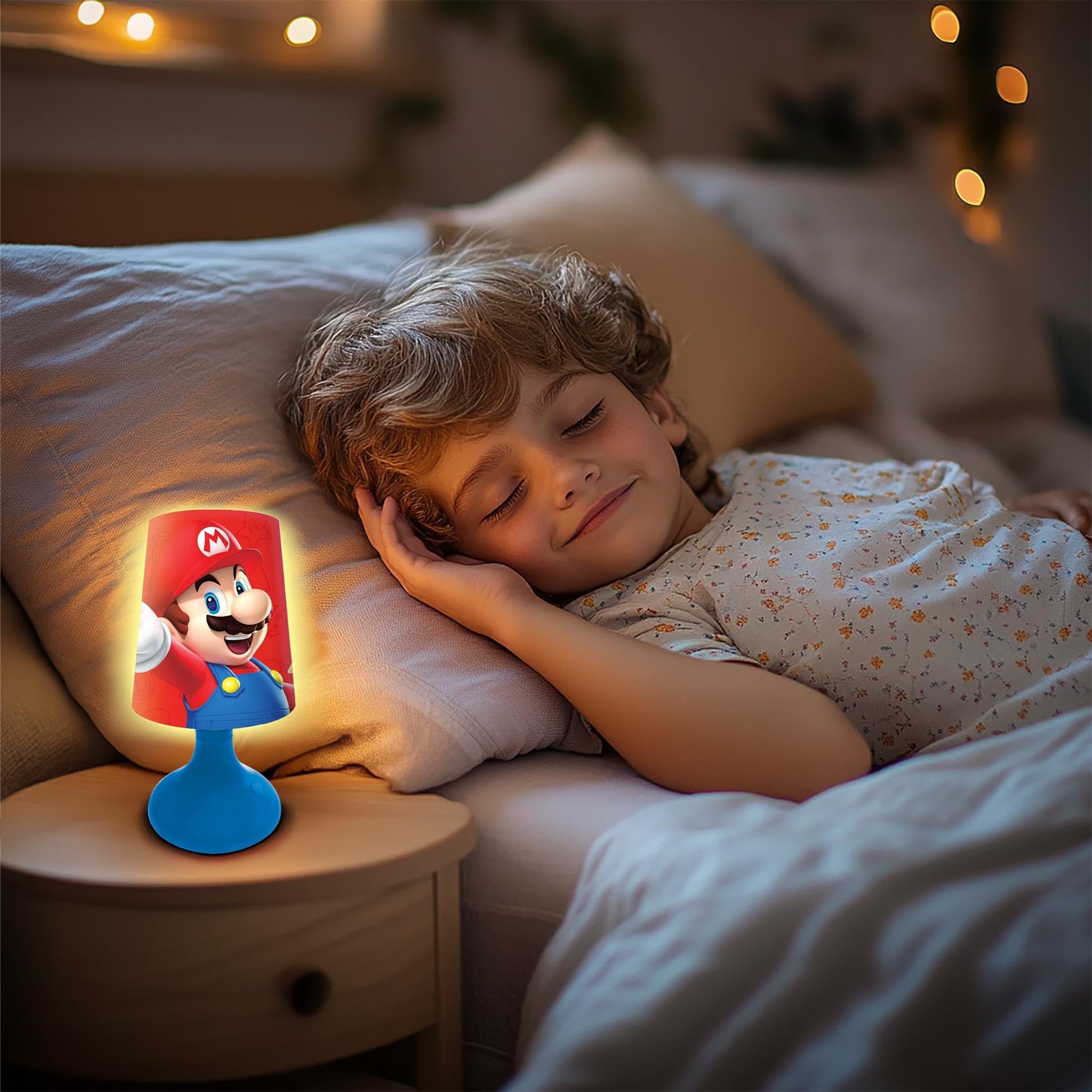 Red LEXIBOOK cordless mini bedside lamp and nightlight with Nintendo design, ideal for children’s bedrooms and nighttime use.