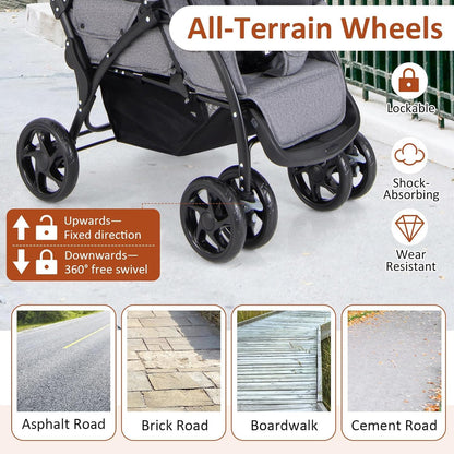 Foldable Twin Stroller, Double Baby Pushchair w/Multi-Level Backrest, Canopy, Handle & Footrest, Safety Belt & Brake System, Travel Tandem Seating Stroller w/Lockable Wheels (Gray)