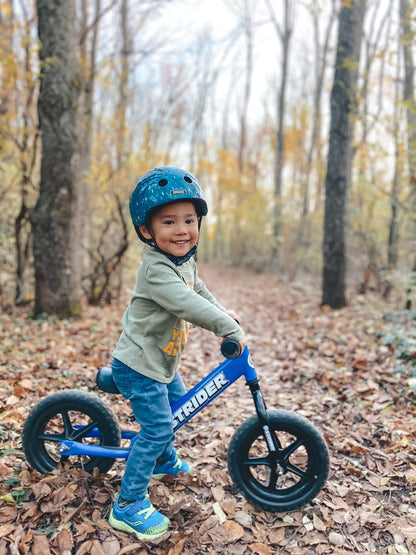 Strider 12” Sport Bike, Blue - No Pedal Balance Bicycle for Kids 18 Months to 5 Years - Includes Safety Pad, Padded Seat, Mini Grips & Flat-Free Tires - Tool-Free Assembly & Adjustments