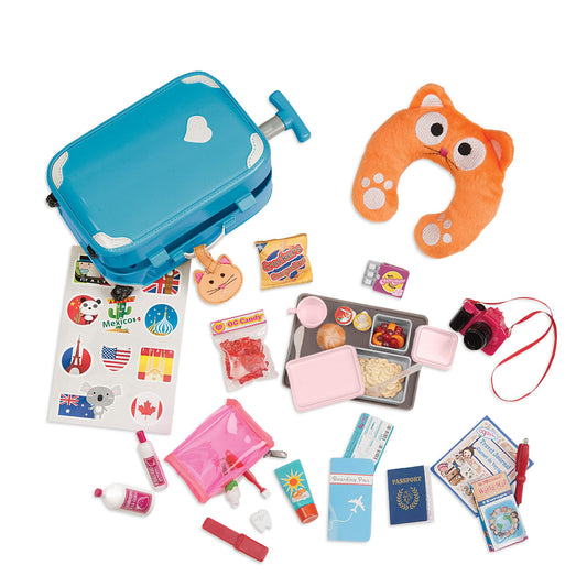 Our Generation Well Travelled Luggage Set with colorful bags and travel accessories for dolls, perfect for imaginative play.
